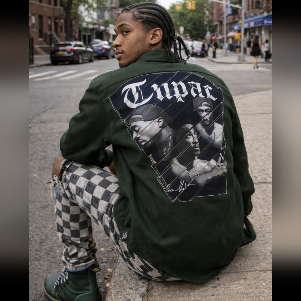 Tupac Obey Mandarin One Pocket Shirt + Custom Spliced Embroidered Back Patch